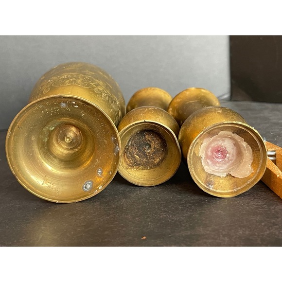 Vintage Brass Vase Set Etched Floral Design Pedestal Base Set of 3 - Picture 7 of 9